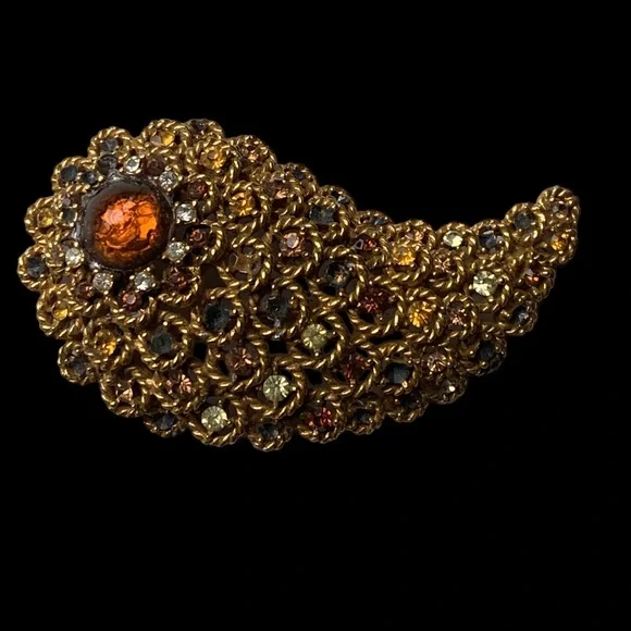 Vintage Signed ART Art Pepper Gold Plated Crystal Fall Cornucopia Brooch Jewelry - Picture 2 of 10